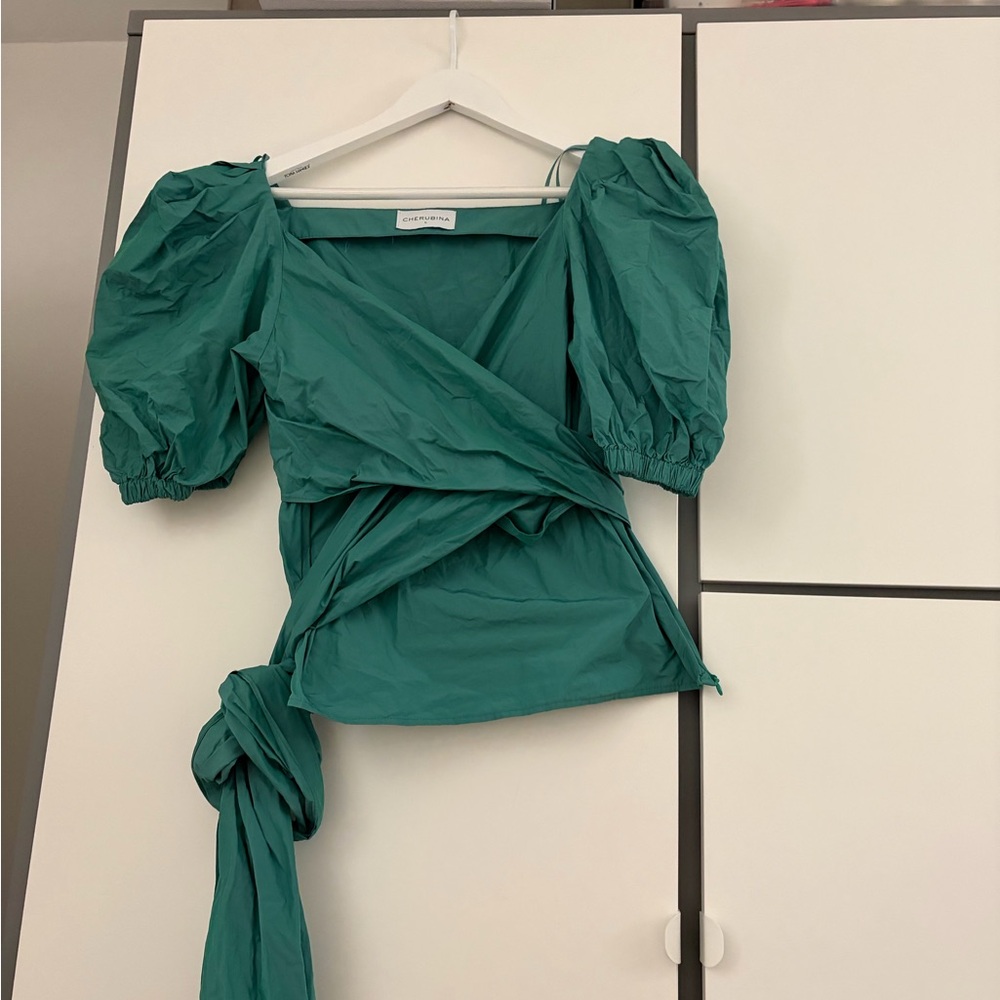 Elegant Teal Wrap Blouse with Puff Sleeves